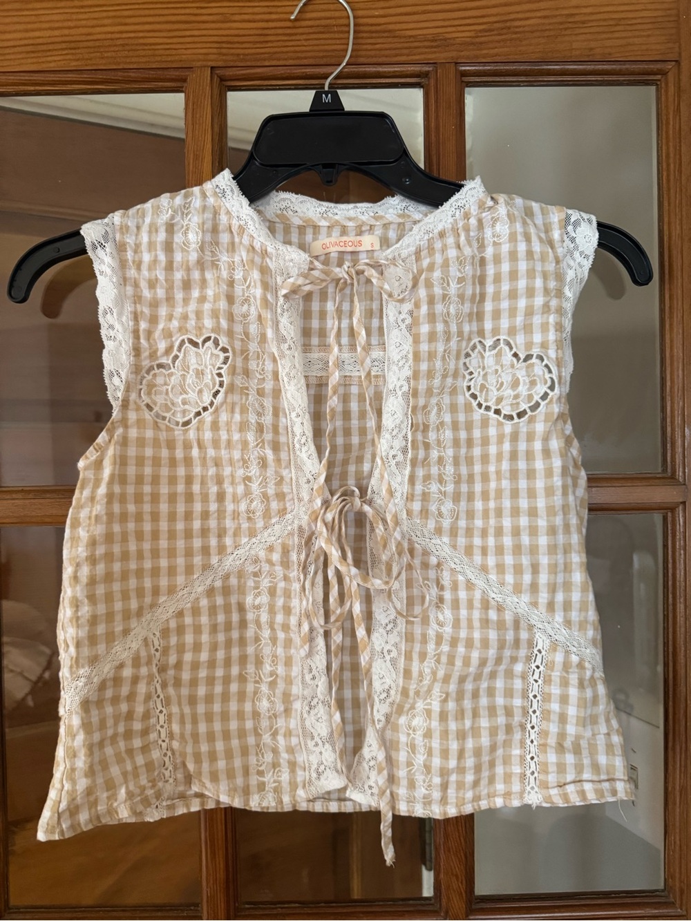 Olivaceous Beige & White Gingham Lace-Trim Tie Front Tank
